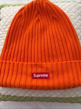Supreme Orange Ribbed Beanie with Red Logo Patch